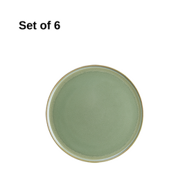 Bonna Sage Hygge 220mm porcelain round plate set of 6 with soft sage reactive glaze, durable and microwave safe, perfect for entrées, appetisers, or light meals.