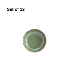 Bonna Sage Hygge coupe plate 100mm porcelain in soft sage reactive glaze, durable and microwave-safe, ideal for appetisers, desserts, or small bites.