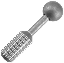 A titanium bodied camping tool with a ball-shaped end and a textured grip surface, featuring a stonewash finish.