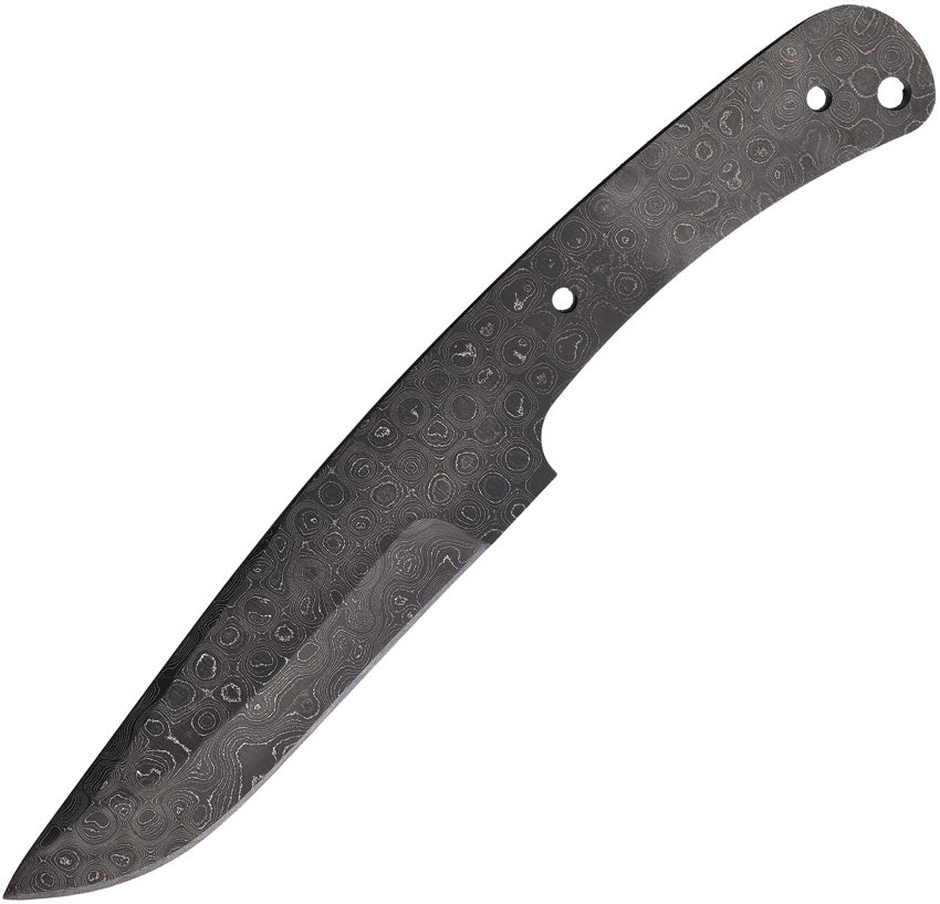 A fixed blade knife with a Damascus steel patterned blade and a lanyard hole, overall black and gray in color. | King of Knives e-store