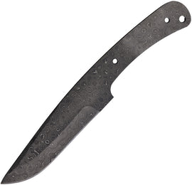 A fixed blade knife with a Damascus steel patterned blade and a lanyard hole, overall black and gray in color. | King of Knives e-store
