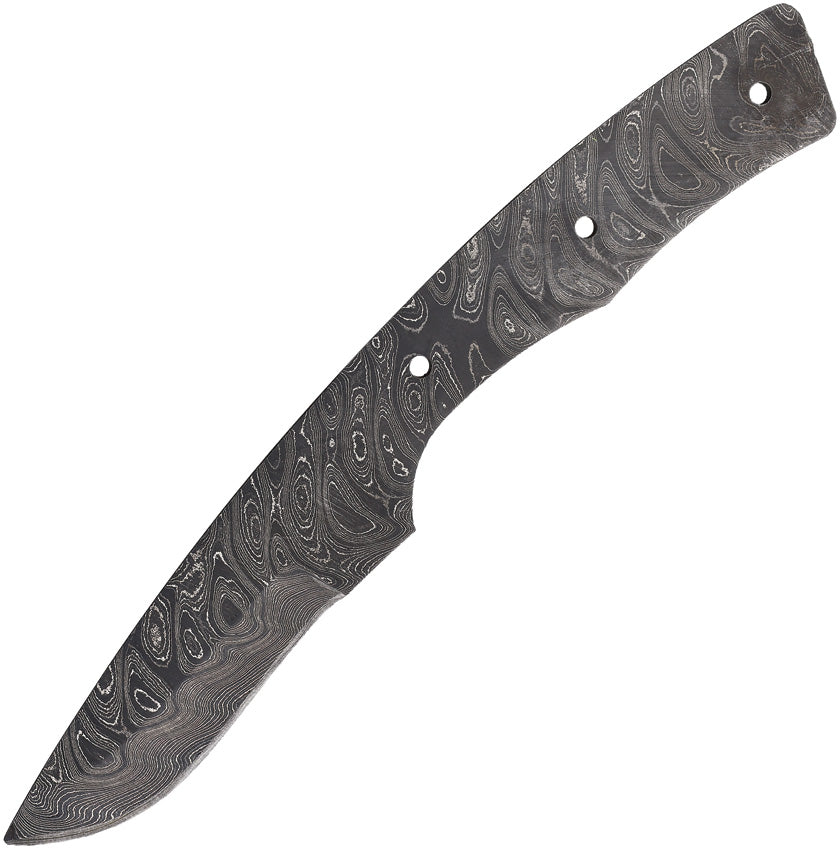 A Damascus steel knife blade with a patterned design, featuring multiple layers and a curved shape.