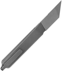 A black fixed blade knife with a stonewash finish stainless steel blade and a titanium handle, featuring a pocket clip and a Kydex sheath. Arcform Alt:Cut | King of Knives e-store