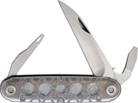 A folded multi-tool knife with a silver blade and white handle, showing the utility tools inside.