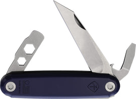 A folded pocket knife with blue handle and silver blade, showing additional tools such as a bottle opener and wrench.