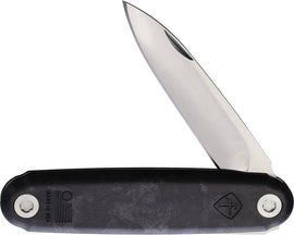 A folded pocket knife with a silver blade and black synthetic handle with a carbon fiber pattern.