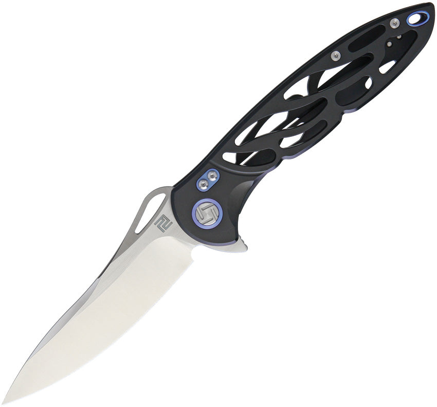 Artisan Hoverwing Framelock S35VN folding knife with a black titanium handle and a satin finish steel blade. | King of Knives e-store