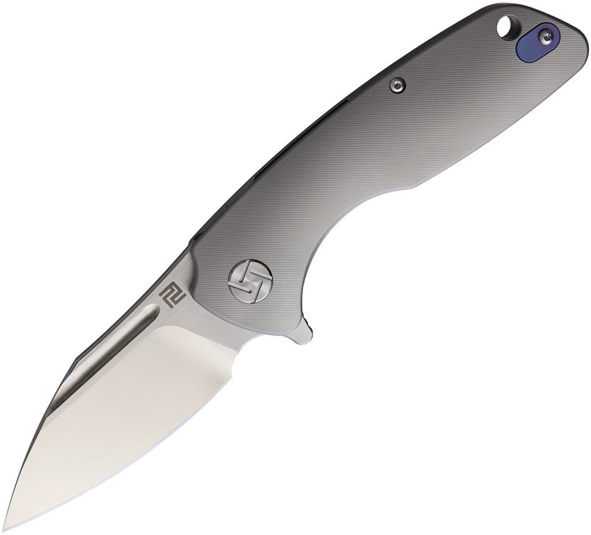A folded Artisan Wren Framelock knife with a satin finish stainless steel blade and gray anodized titanium handle. | King of Knives e-store