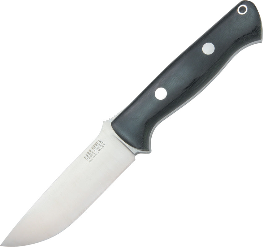 A fixed blade knife with a black canvas micarta handle and a silver A2 tool steel blade, featuring three holes near the blade's end and a lanyard hole. The knife has a full tang design and comes with a leather sheath.