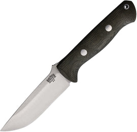 A fixed blade hunting knife with a green canvas micarta handle and a matte finish. The knife has a brown leather belt sheath and the blade is marked with 'Bark River'.