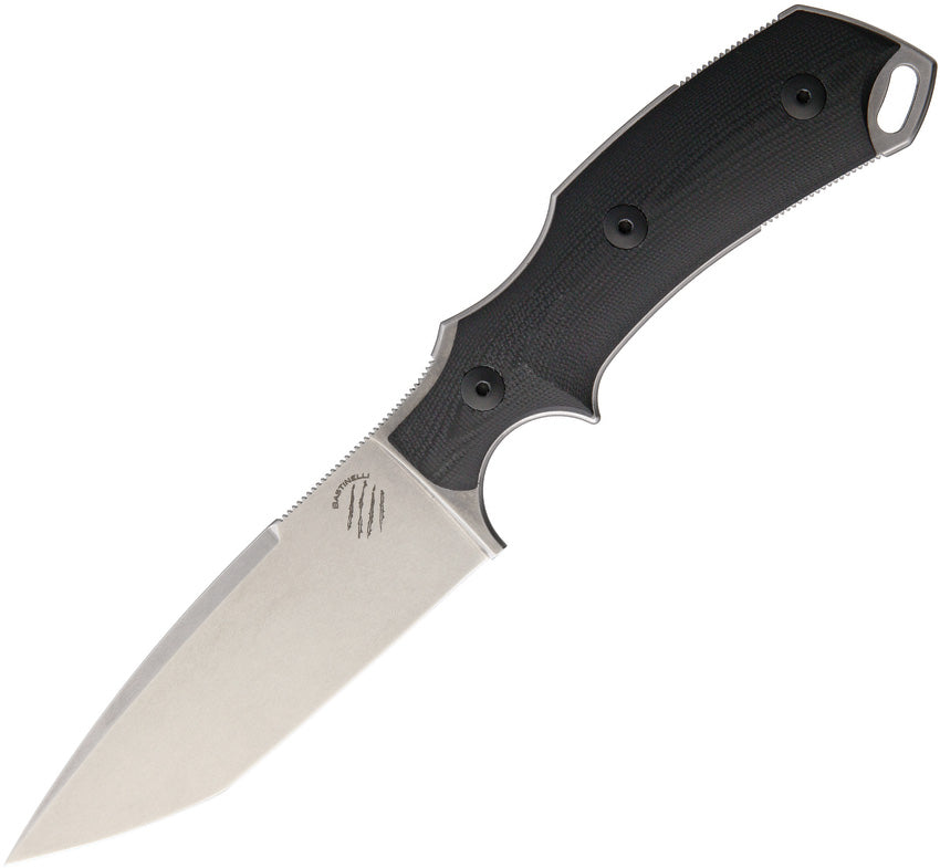 A Bastinelli Creations fixed blade knife with a stonewash finish Bohler N690 stainless blade and black finger grooved micarta handle.