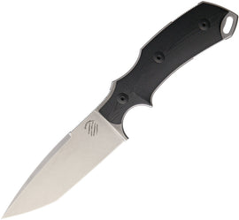 A Bastinelli Creations fixed blade knife with a stonewash finish Bohler N690 stainless blade and black finger grooved micarta handle.