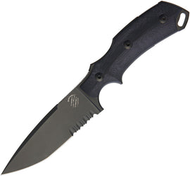 Bastinelli Creations R.E.D. V2 Fixed Blade - A black fixed blade knife with a partially serrated drop point blade and a black G10 handle, including a lanyard hole and a Kydex belt sheath.