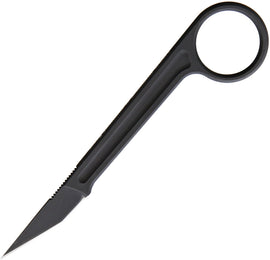Black PVD coated Bohler N690 stainless steel blade with a finger ring, overall length 5.5 inches, black molded plastic clip sheath.