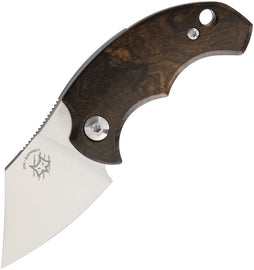 A folded Bastinelli Creations hunting knife with a Bohler N690 stainless steel blade and Ziricote wood handle, featuring an extended tang and a lanyard hole.