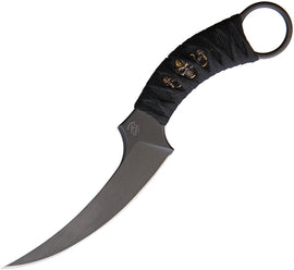 B Merry knife - A black fixed blade knife with a curved blade and a finger ring, featuring a black cord wrapped handle and bronze menuki handle decoration.