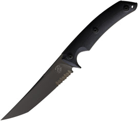 A black fixed blade knife with a partially serrated blade and a lanyard hole, alongside a black Kydex belt sheath.