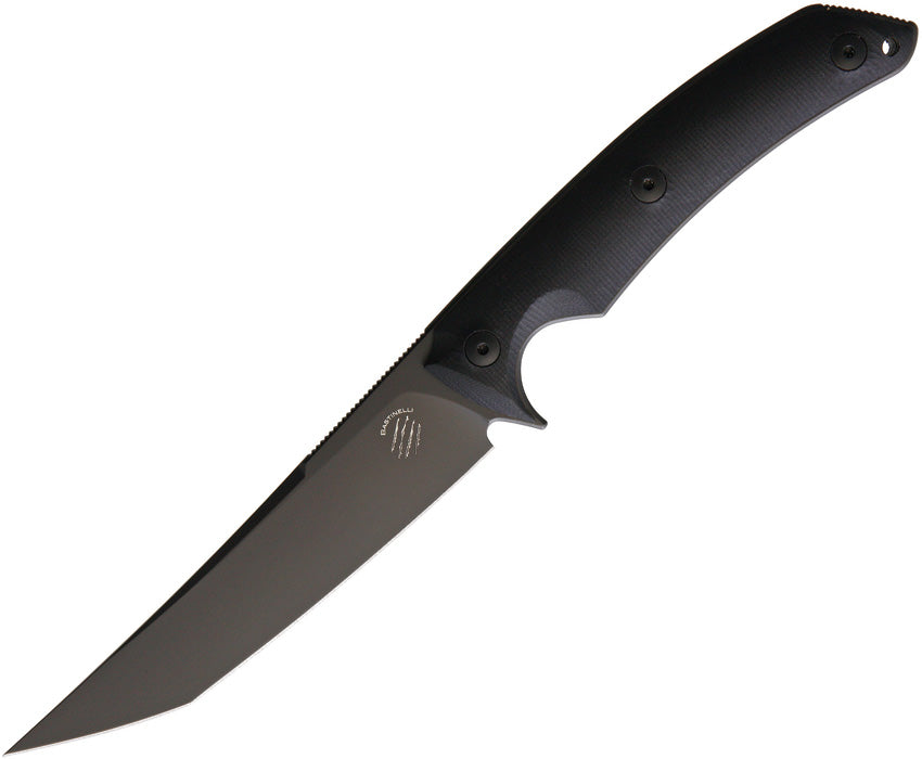 A black fixed blade knife with a tanto point and a black G10 handle, featuring a lanyard hole and a Kydex belt sheath.