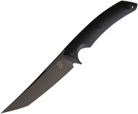 B Merry A black fixed blade knife with a tanto blade design, black G10 handle, and a lanyard hole, accompanied by a black Kydex belt sheath.