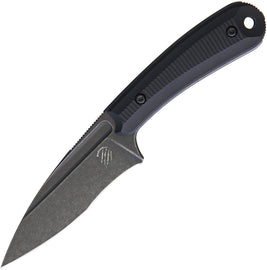 A black fixed blade knife with a Bohler N690 stainless steel blade and black G10 handle, featuring a lanyard hole and a black Kydex belt sheath.
