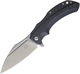 A folding knife with a stonewash finish blade and black handle, featuring a Framelock lock type and a pocket clip.