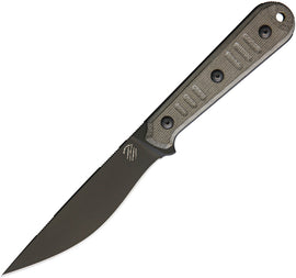 A fixed blade knife with a black Bohler N690 stainless steel blade and OD green linen micarta handle, featuring a lanyard hole and a black Kydex belt sheath.