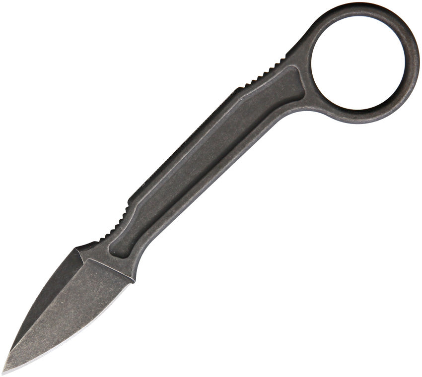 A fixed blade knife with a stonewash finish Bohler N690 stainless blade and a black Kydex sheath.