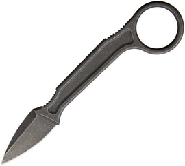 A fixed blade knife with a stonewash finish Bohler N690 stainless blade and a black Kydex sheath.