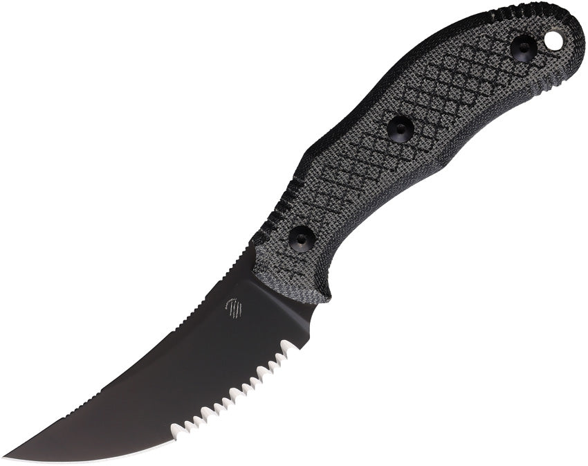 Bastinelli Creations Chopper Fixed Blade Mic LE - A black fixed blade knife with a partially serrated blade and a black micarta handle, including a lanyard hole and a black Kydex sheath.