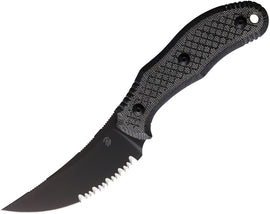 Bastinelli Creations Chopper Fixed Blade Mic LE - A black fixed blade knife with a partially serrated blade and a black micarta handle, including a lanyard hole and a black Kydex sheath.