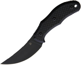 A black fixed blade knife with a curved blade and a textured black handle, marked with the Bastinelli Creations brand logo.