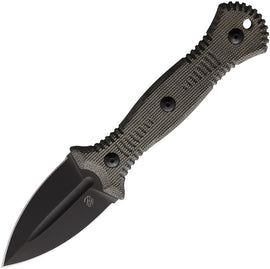 A Bastinelli Creations Telum fixed blade knife with a black stonewash finish blade and green linen micarta handle, accompanied by a black Kydex belt sheath and a hardside carrying case.
