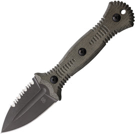 A green-handled fixed blade knife with a partially serrated black blade and a Tracker Dan clip, accompanied by a black Kydex belt sheath and a hardside carrying case.