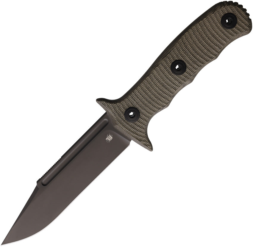 A green-handled fixed blade knife with a black PVD coated stainless steel blade and black Kydex belt sheath.