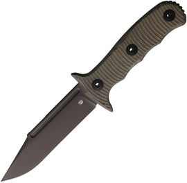 A green-handled fixed blade knife with a black PVD coated stainless steel blade and black Kydex belt sheath.