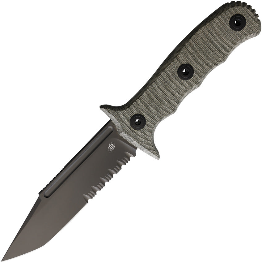 A fixed blade knife with a black PVD coated partially serrated blade and green canvas micarta handle, accompanied by a black Kydex belt sheath.