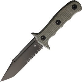 A fixed blade knife with a black PVD coated partially serrated blade and green canvas micarta handle, accompanied by a black Kydex belt sheath.