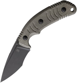 A Bastinelli Creations fixed blade knife with a gray PVD coated Bohler M390 stainless blade, green linen micarta handle, and black Kydex belt sheath.