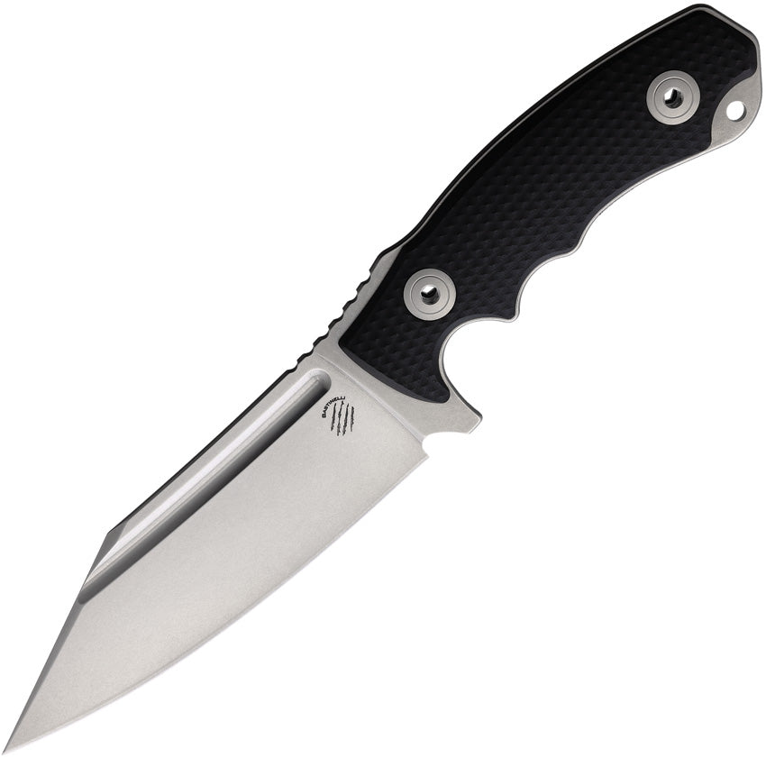 A black fixed blade knife with a stonewash finish stainless steel blade and a black textured G10 handle, including a lanyard hole and a Kydex belt sheath.