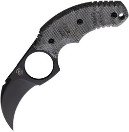 Bastinelli Creations Ligament Fixed Blade - A black fixed blade knife with a curved hawkbill blade and a black canvas micarta handle, including a finger ring and lanyard hole, with a black and red Kydex belt sheath.