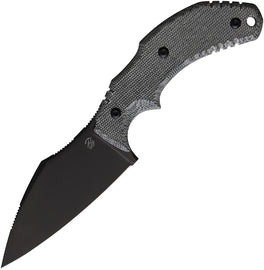 Bastinelli Creations The Foreigner Fixed Blade - A black fixed blade knife with a black PVD coated Bohler M390 stainless blade and a black canvas micarta handle, featuring a lanyard hole and a black Kydex sheath.