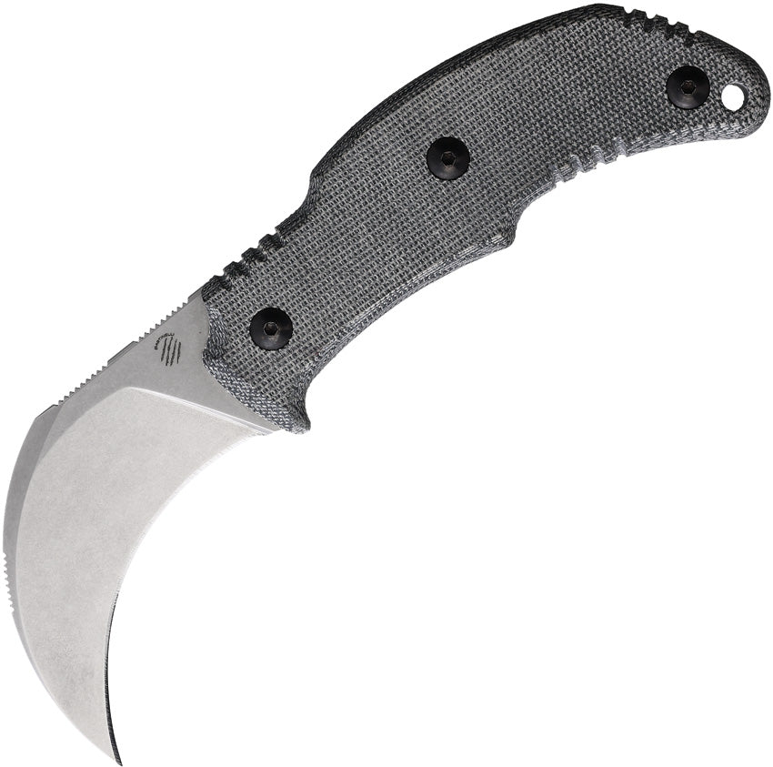 A black and silver fixed blade knife with a curved blade and black canvas micarta handle, including a lanyard hole and black and red Kydex belt sheath.