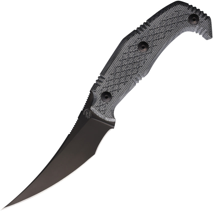 Bastinelli Creations Yummy Fixed Blade - A black fixed blade knife with a curved blade and textured handle, accompanied by a Kydex belt sheath.