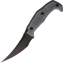 Bastinelli Creations Yummy Fixed Blade - A black fixed blade knife with a curved blade and textured handle, accompanied by a Kydex belt sheath.