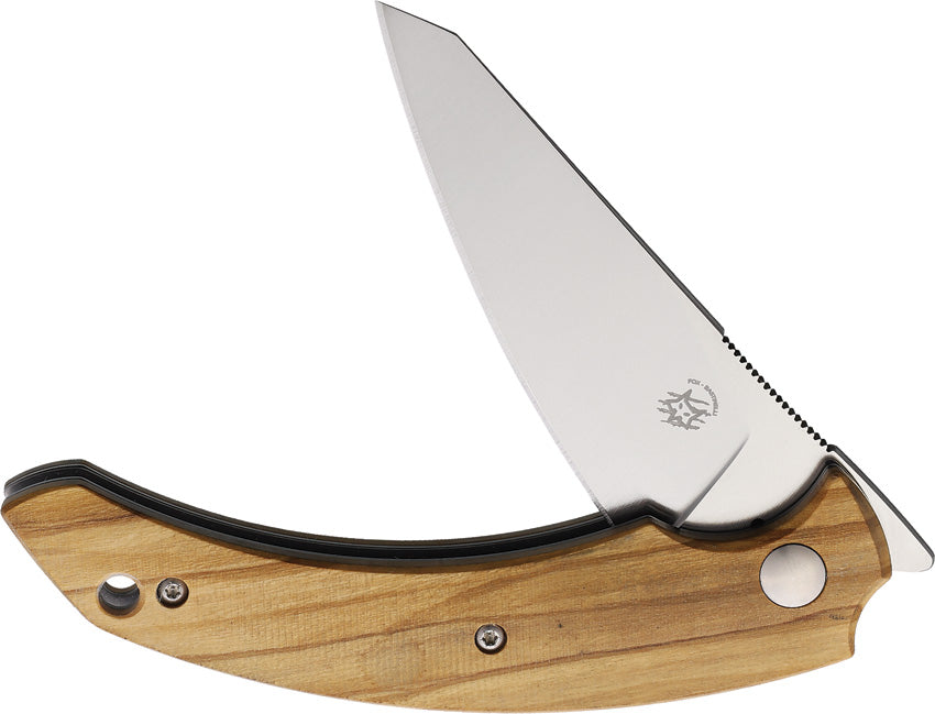 A folding knife with a stainless steel blade and an olive wood handle, featuring a frame lock mechanism.