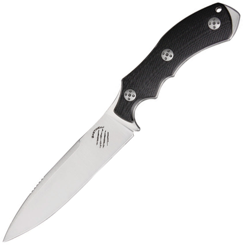 A folding knife with a black textured G10 handle and a stonewash finish stainless steel blade, alongside a black Kydex sheath.