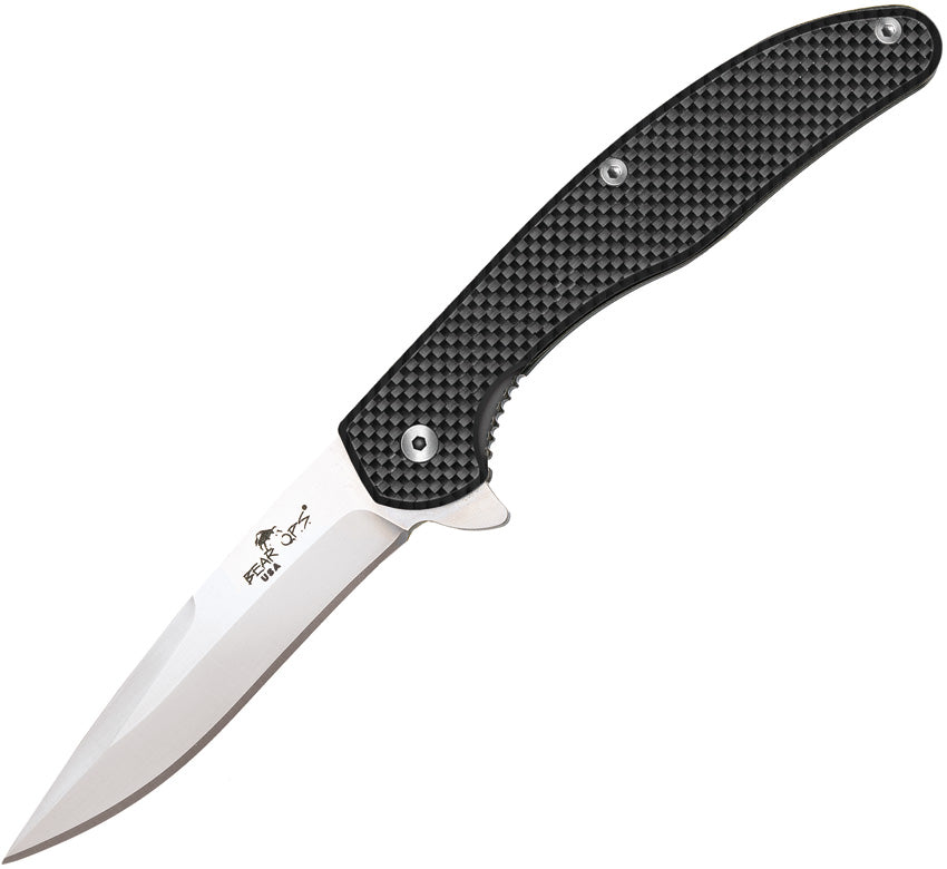 A folded Bear & Son knife with a carbon fiber handle and a satin finish stainless steel blade. | King of Knives e-store