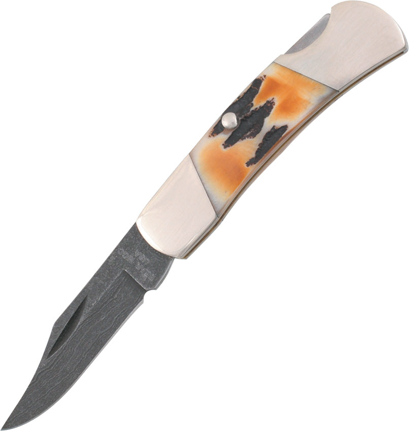 A Bear & Son folding knife with a Damascus steel blade and a brown and white handle featuring a lockback mechanism. King of Knives e-store