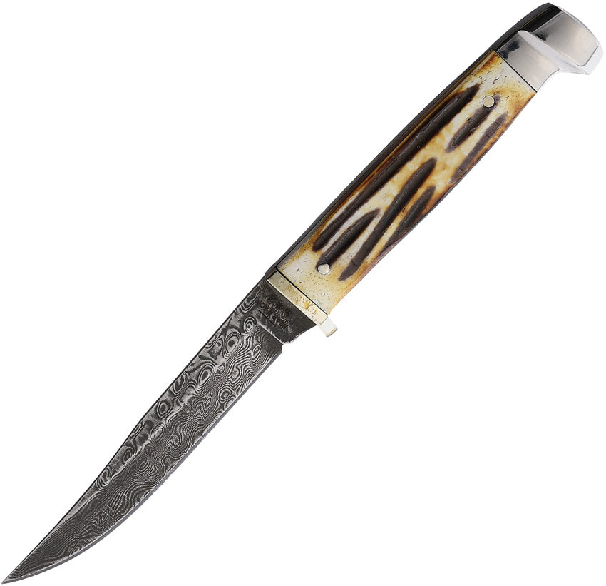 A fixed blade knife with a Damascus steel clip point blade, India stag bone handle, nickel silver guard and stainless pommel, and a brown leather belt sheath. | King of Knives e-store