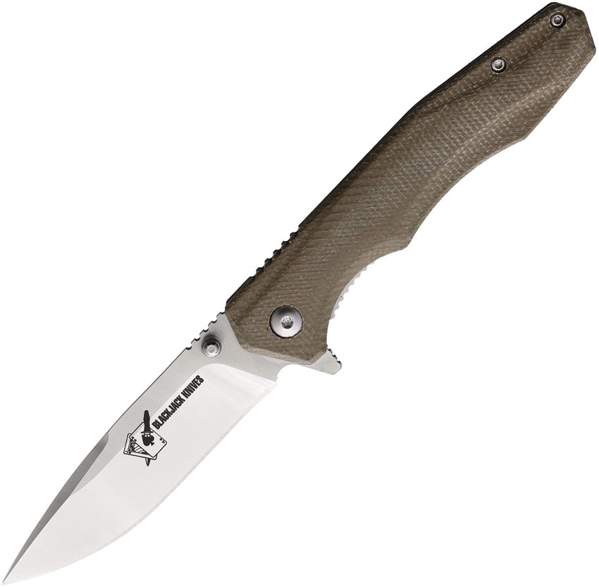 A folding knife with a tan G10 handle and a satin finish S35VN stainless blade, featuring a thumb stud and pocket clip.